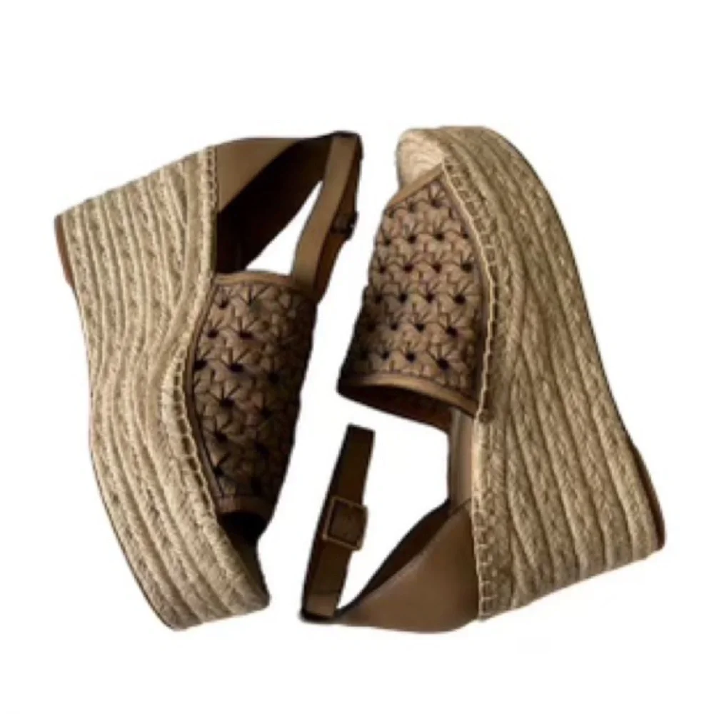 Tory Burch Basketweave Espadrille Leather Wedge Almond Flour Size 11 NWOB